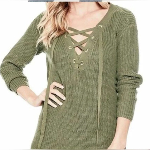 GUESS KHLOE Olive Green ribbed strappy V-neck criss  cross boho high low sweater - Picture 1 of 4